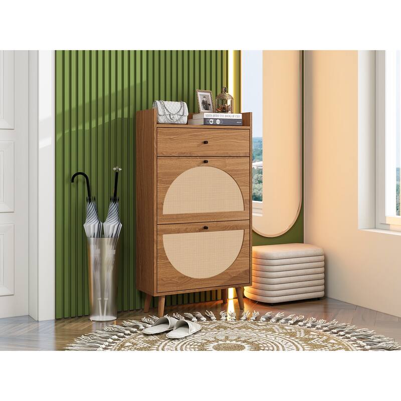 Entryway Shoe Storage Cabinet, Freestanding Rattan Shoe Rack, Shoe Organizer with 2 Flip Drawers & 1 Pull-Out drawer