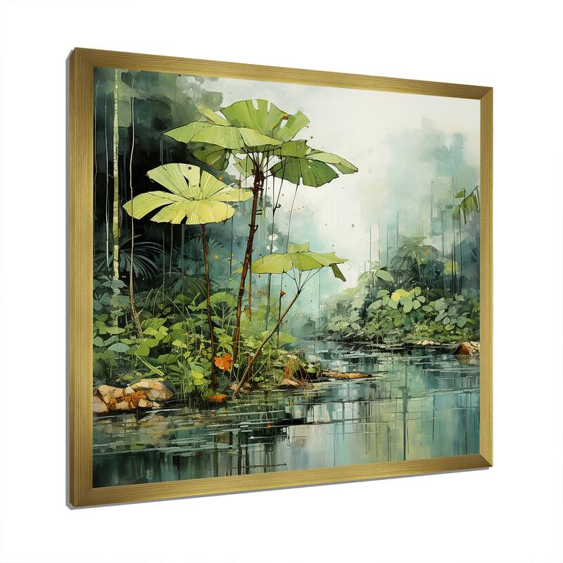 Designart "Tropical Jungle River II" Coastal Tropical Wall Decor Green Coastal Bedroom Framed Canvas Wall Art