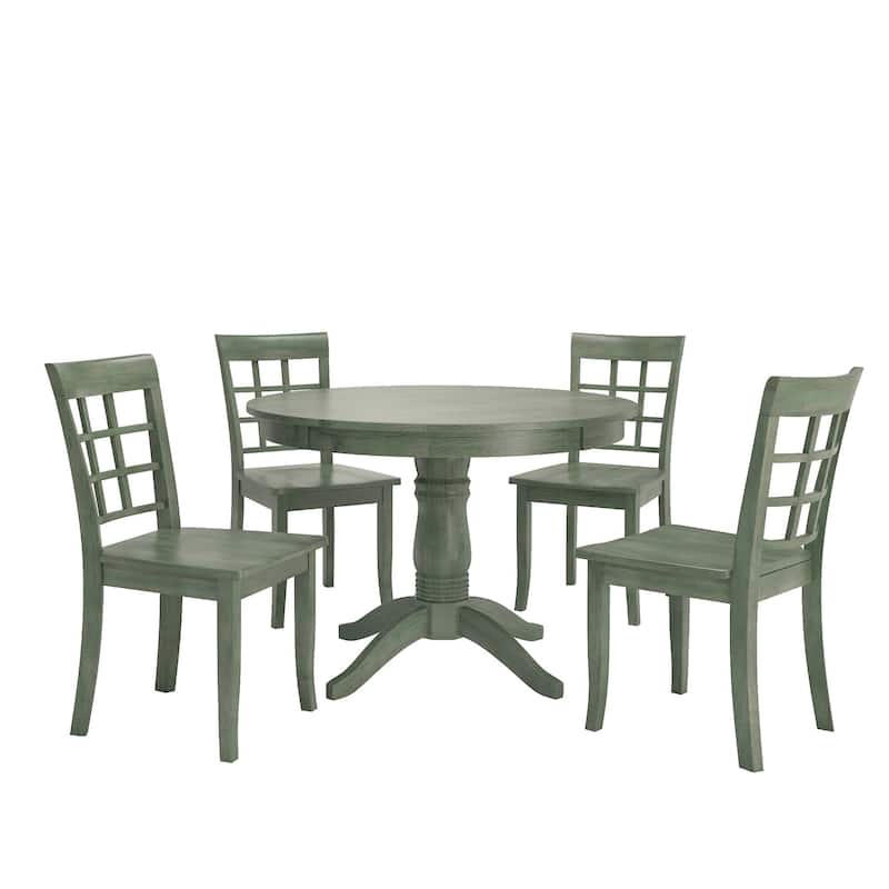 Wilmington II Round Pedestal Base Antique Sage Green 5-Piece Dining Set by iNSPIRE Q Classic - Window Back Chairs