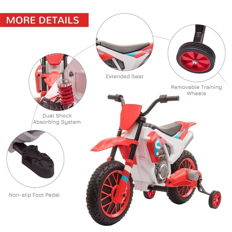 Kids Ride-On Motorcycle 12V with Rechargeable Battery and Dual Shock Removable Training Wheels - 42"L x 20.25"W x 26.75"H