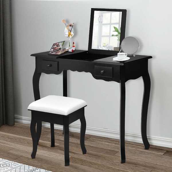 Gymax Mirrored Vanity Make-up Dressring Table Stool Desk Black. Opens flyout.
