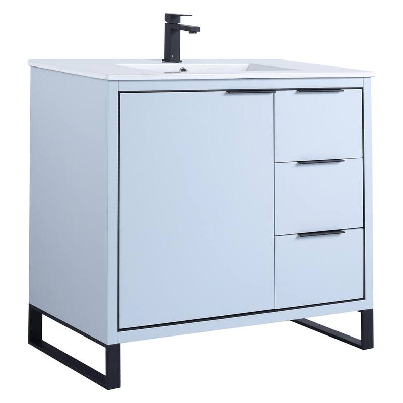 Fine Fixtures Opulence Collection Bathroom Vanity with White Ceramic Sink - 36 Inch - Pastel Blue - Black Hardware