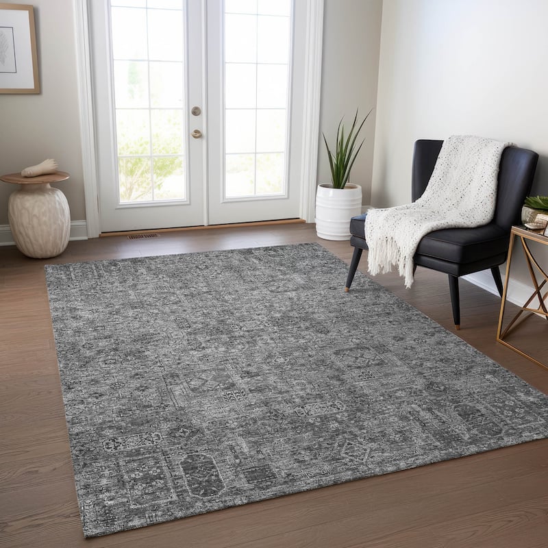Machine Washable Indoor/ Outdoor Chantille Vintage Traditional Rug - Charcoal - 9' x 12'