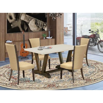 HomeStock 5-Piece Distressed Jacobean Finish Solid Wood Top Dining Table with 4 Parson Chair