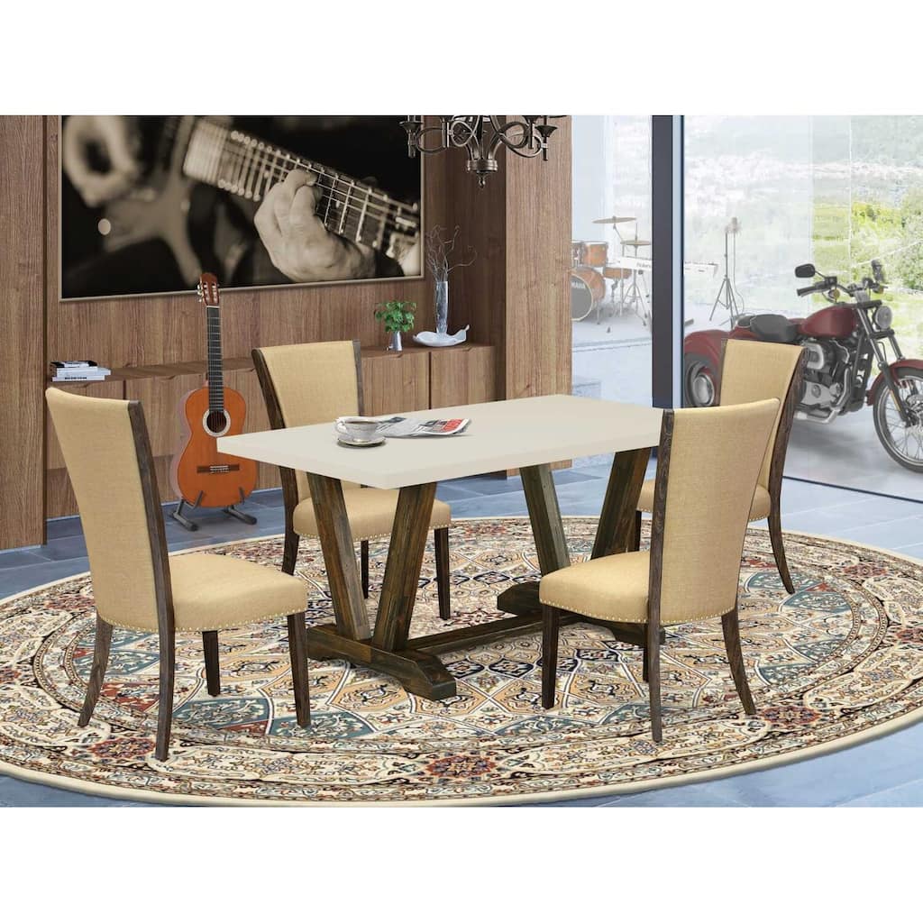 HomeStock 5-Piece Distressed Jacobean Finish Solid Wood Top Dining Table with 4 Parson Chair