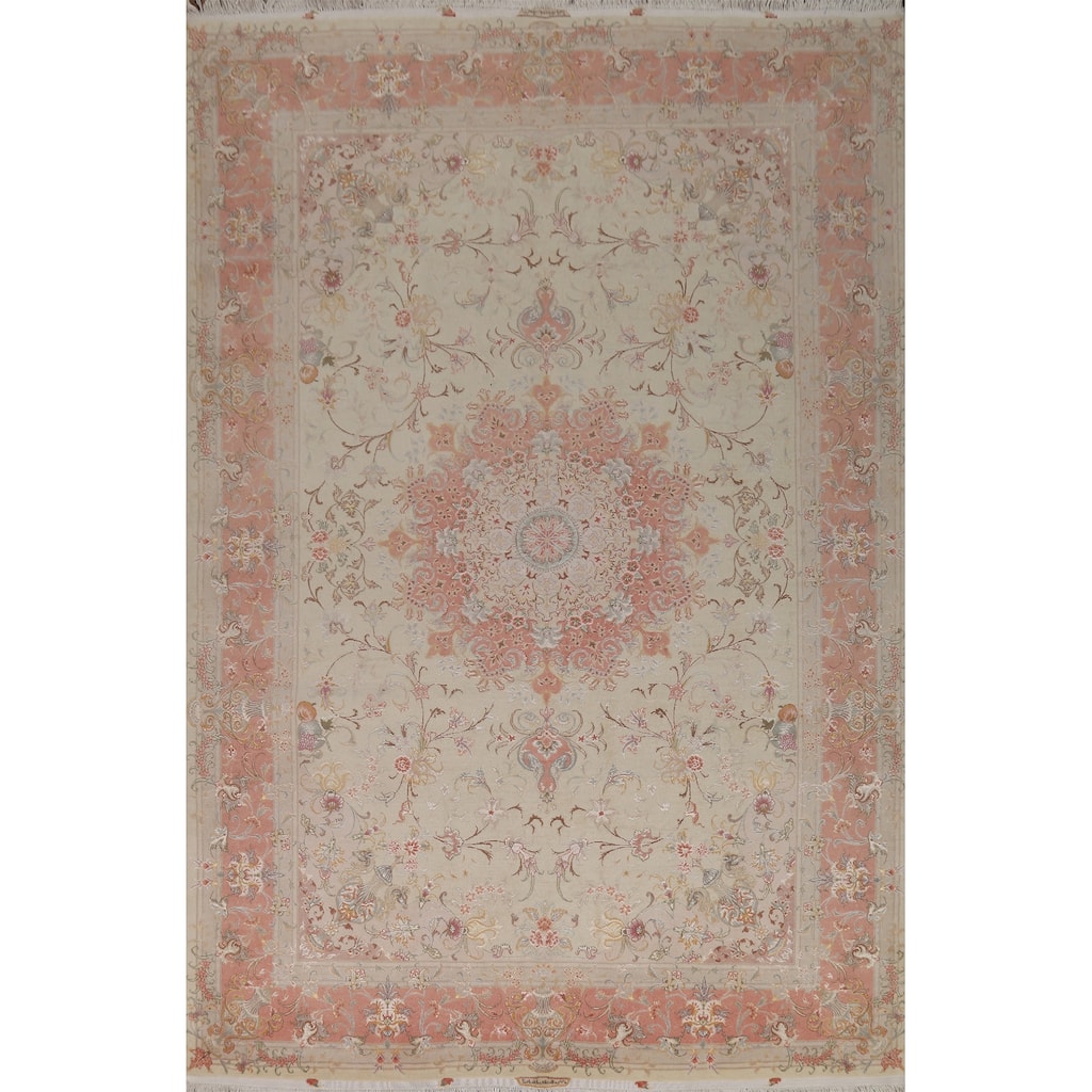 Wool & Silk Tabriz Persian Area Rug Hand-Knotted Floral Carpet - 6'6"x 9'8"
