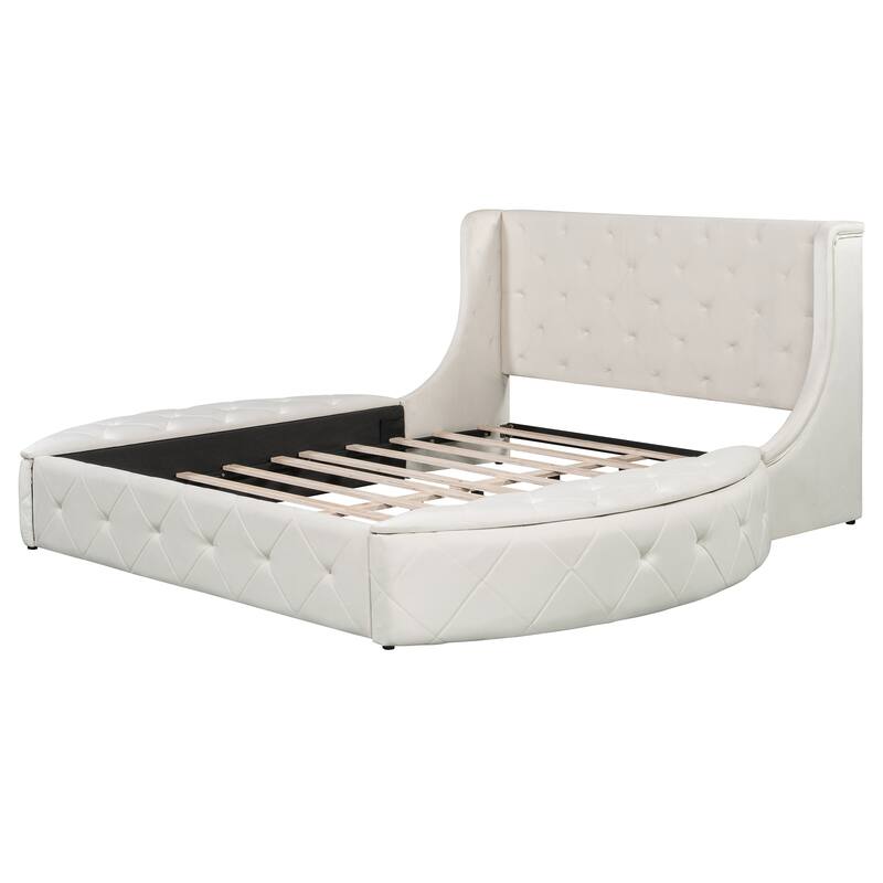 Low Profile Bed Queen Size Velvet Upholstered Platform Bed with Wingback Headboard, Big Drawer and 2 Semicircle Side Stools