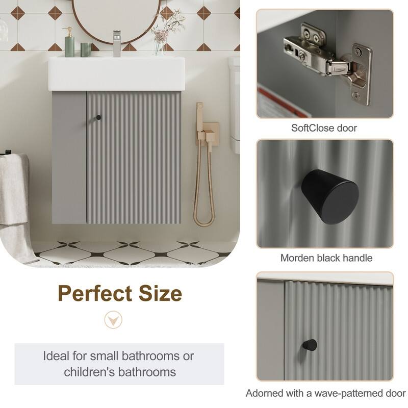 21.6" Floating Bathroom Vanity with Ceramic Basin, Left side storage