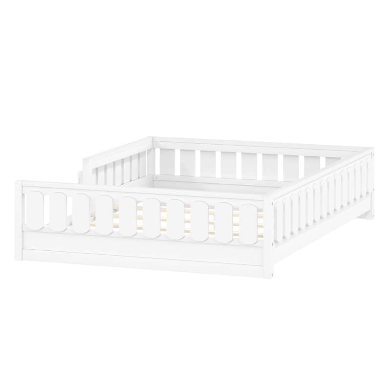 Kid Wood Platform Storage Bed Montessori Toddler Floor Bed Children Daybed with Guardrail and Side Creativity Storage Shelves