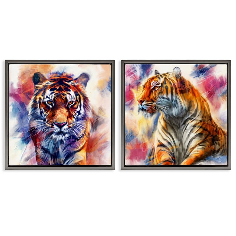 Stupell In The Wild Fierce Tiger Framed Floater Canvas Wall Art Design By Kim Allen (Set of 2) - 18 x 18 - Grey