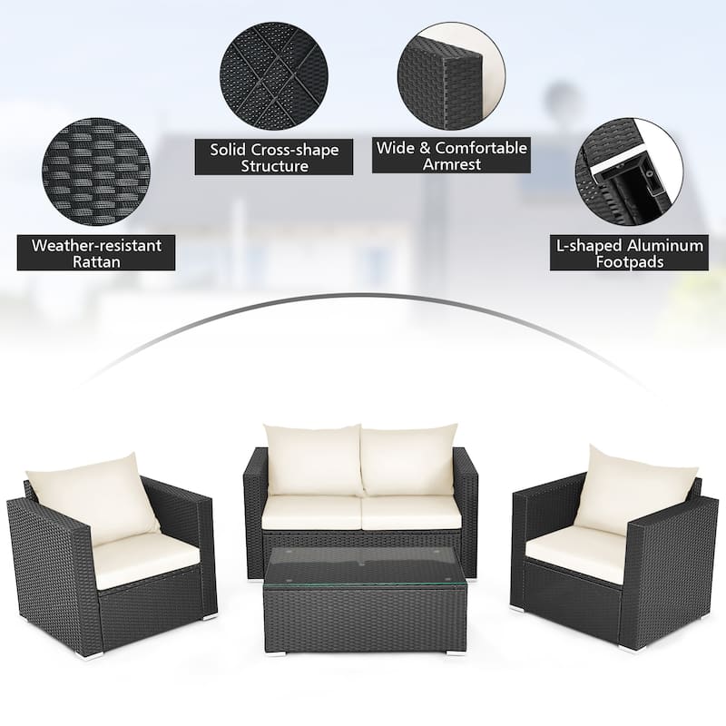 Gymax 4PCS Rattan Patio Conversation Set Outdoor Furniture Set w/
