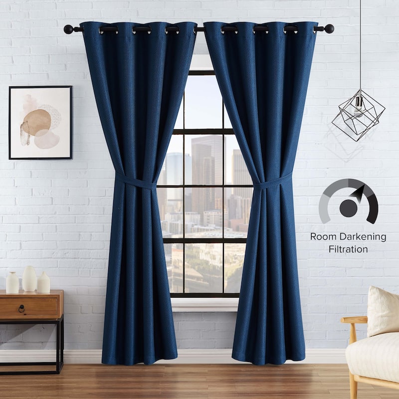 Lucky Brand Ember Thermal Woven Room Darkening Grommet Window Curtain Panel Pair with Tiebacks
