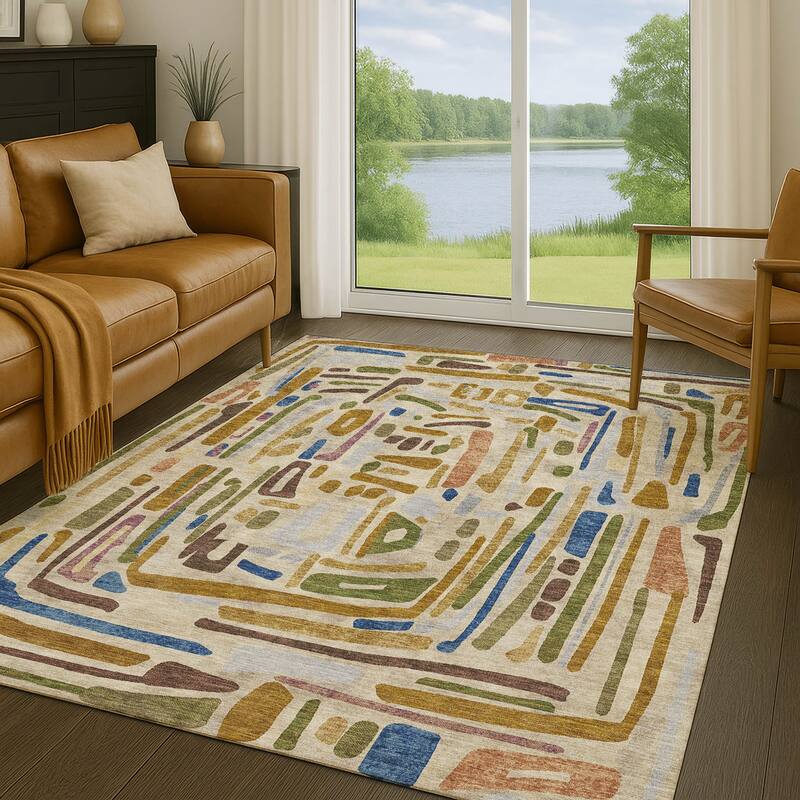 Machine Washable Indoor/ Outdoor Global Geo Chantille Rug