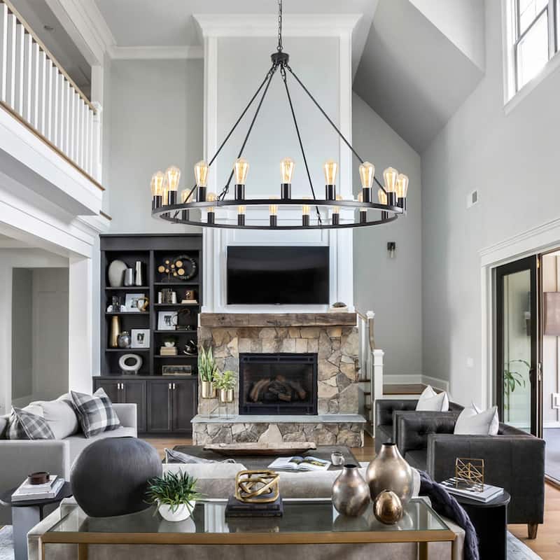 20 - Light Farmhouse Metal Round Industrial Chandelier for Dining Room Entryway Kitchen Island - N/A