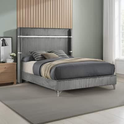 Jenny Queen Size Bed, Wingback Fluted Upholstered Headboard, Gray