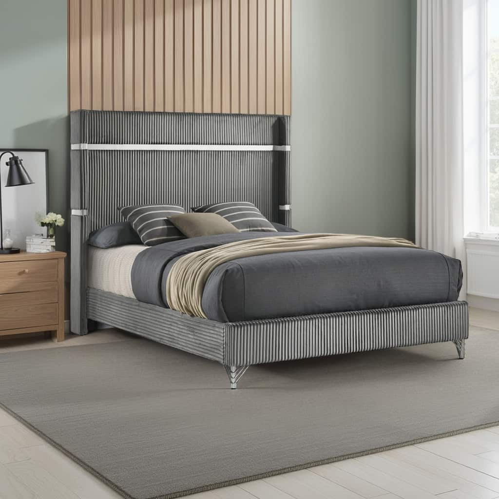 Jenny Queen Size Bed, Wingback Fluted Upholstered Headboard, Gray