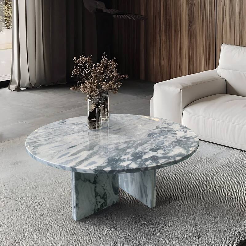 Modern Coffee Table Blue Gray Marble Coffee Table Small Round Natural Stone Table, for Living Room and Lounge
