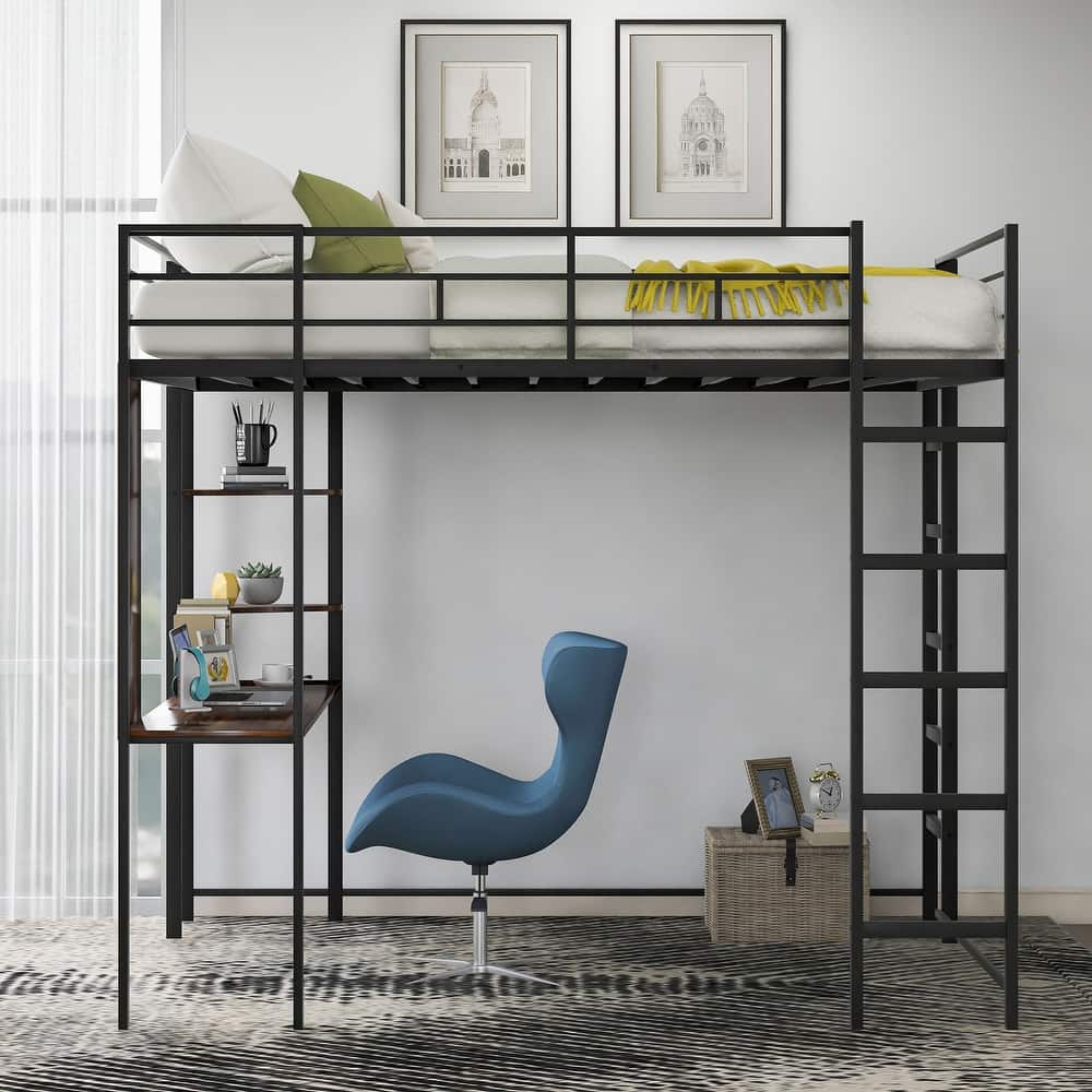 Twin/Full Size Metal High Loft Bed with Wooden Desk and Storage Shelves, Heavy Duty Steel Loftbed Frame with Double Ladder