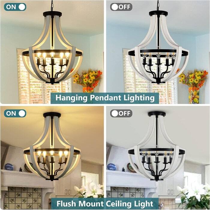 5 - Light Wood Lantern Geometric Chandelier - white