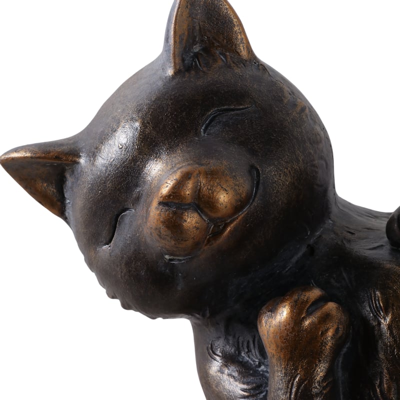 Polyresin Garden Statuary Playful Cat with Bird - 9" Metallic