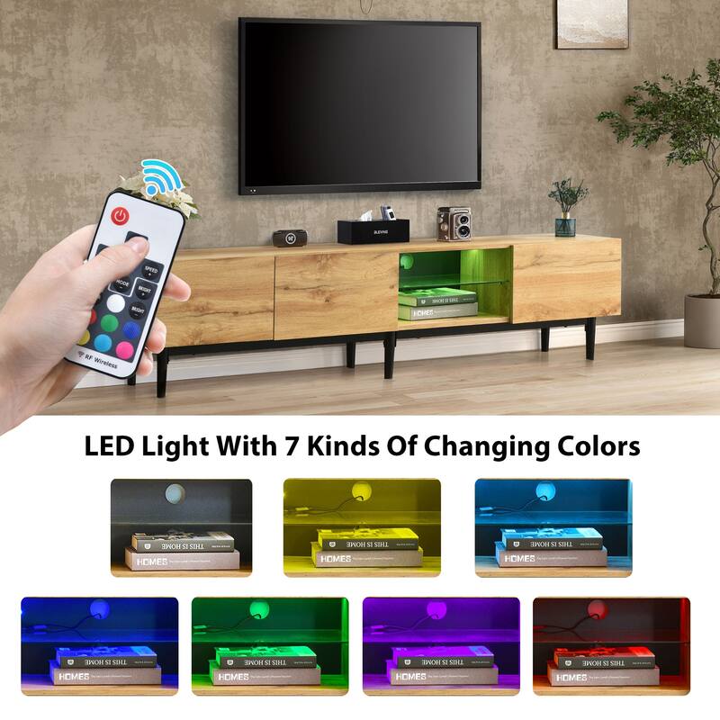 LED Light TV Stand for 80" TVs, Modern Entertainment Center with 4 Cabinets & Open Shelves, Drop Down Door