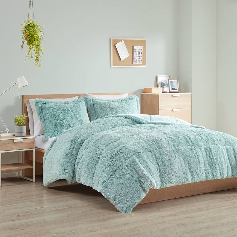 Full/Queen Ombre Shaggy Long Fur Comforter Mini Set - Blue