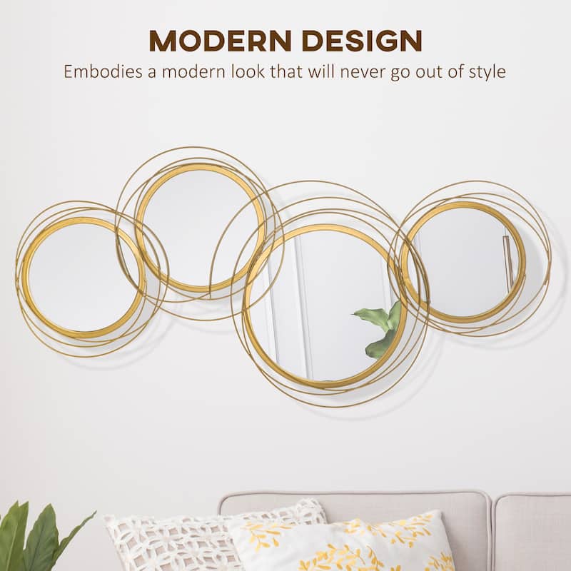 Gold Metal Round Wall Mirror with Thick Glass and Easy Mounting - 42.25"Dia. x 1.5" D x 22” H
