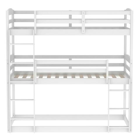 White Twin over Twin over Twin Wood Triple Bunk Bed with 2 Ladders, 79.3''L*42.2''W*77.2''H, 138LBS