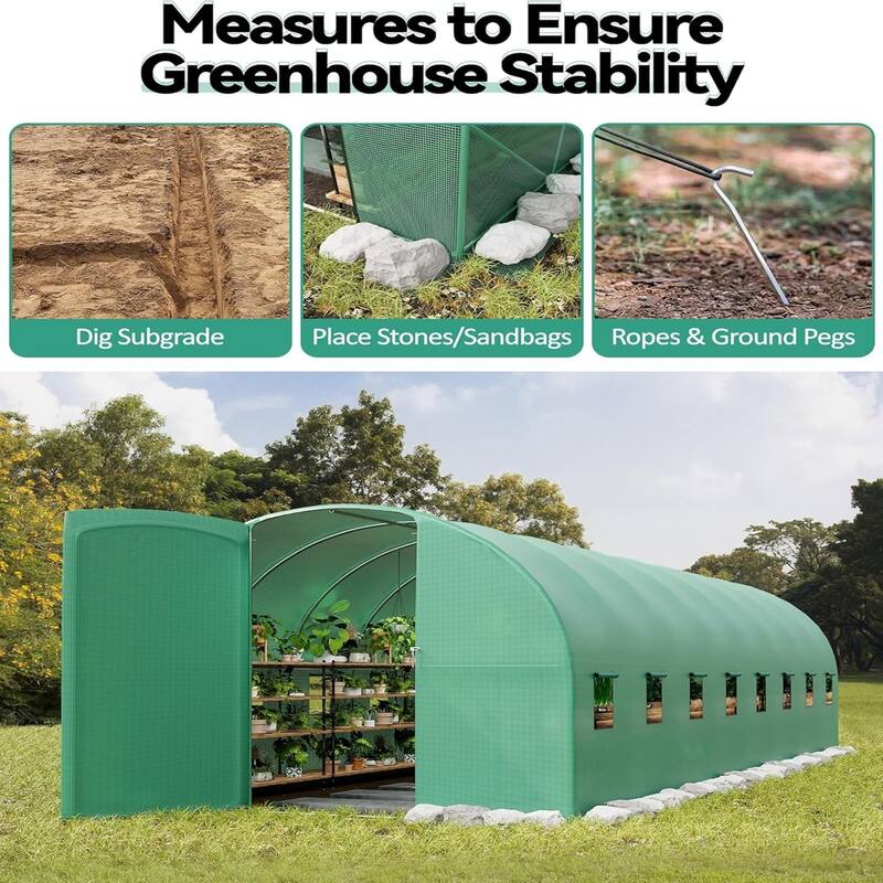 28x10x7.5 FT Walk-in Tunnel Greenhouse with Swing Door & 16 Vent Windows - W300*D850*H228cm