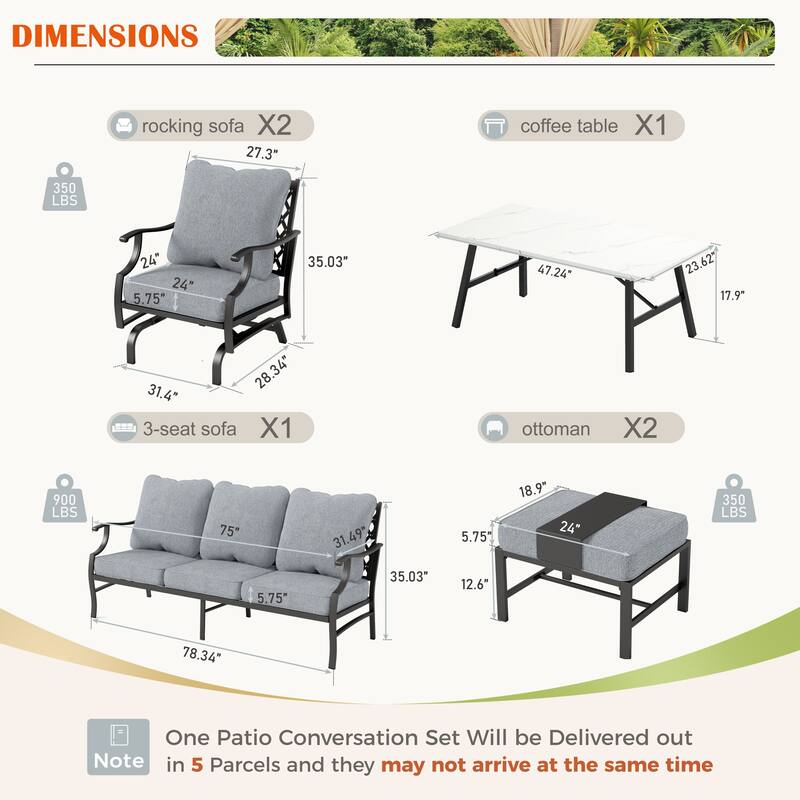 MAISON ARTS 6/7-Piece Patio Conversation Sets, Sofa Set with 2/4 x Single Chairs, 1 x 3-seater Sofa and Coffee Table/Ottomans