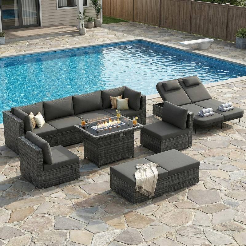 Outdoor Sectional Conversation Set PE Wicker with Double Chaise Lounge, 60,000 BTU Fire Pit Table - 10-Piece/Ottoman - Dark Gray