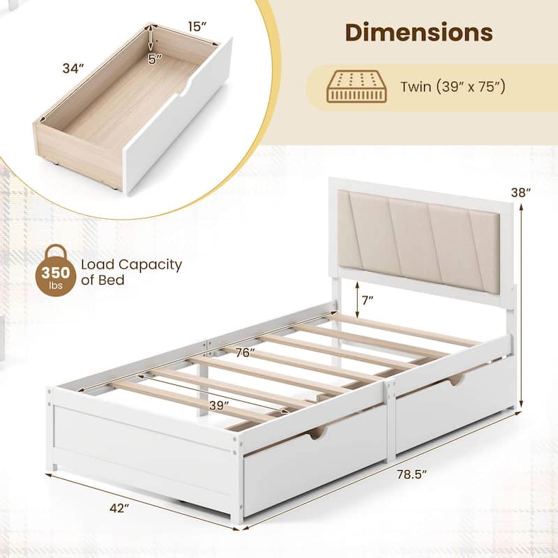 Costway Twin Size Bed Frame with 2 Storage Drawers Upholstered