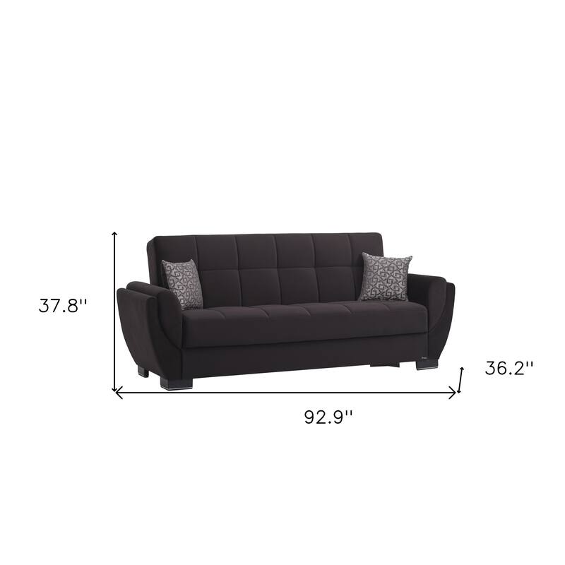 HomeRoots 93" Black Microfiber Convertible Futon Sleeper Sofa And Toss Pillows With Storage