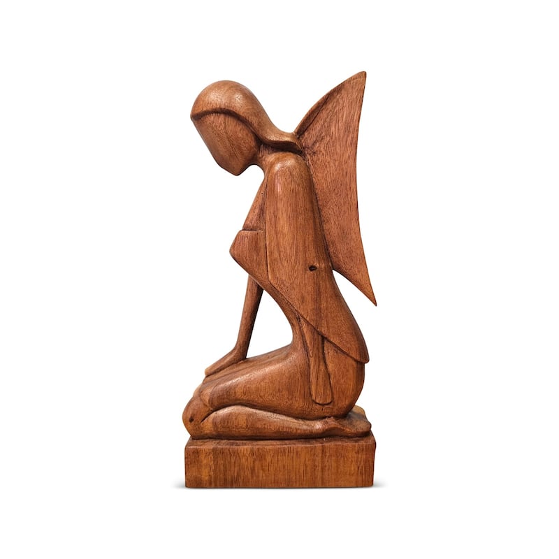 12" Wooden Handmade Abstract Sculpture Statue Handcrafted "Kneeling Angel" Gift Home Decor Figurine Accent Artwork Hand Carved