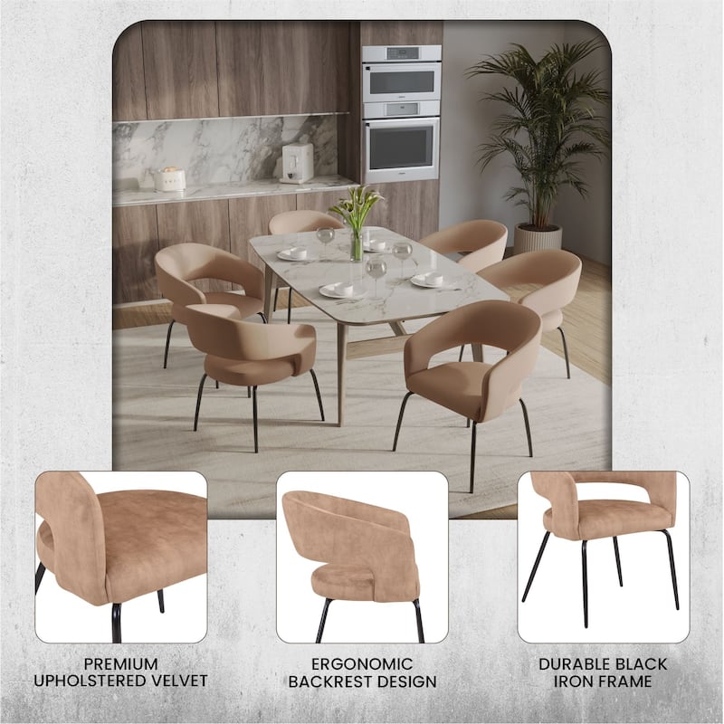 Open Back Dining Chair Upholstered in Leather or Velvet with Iron Legs