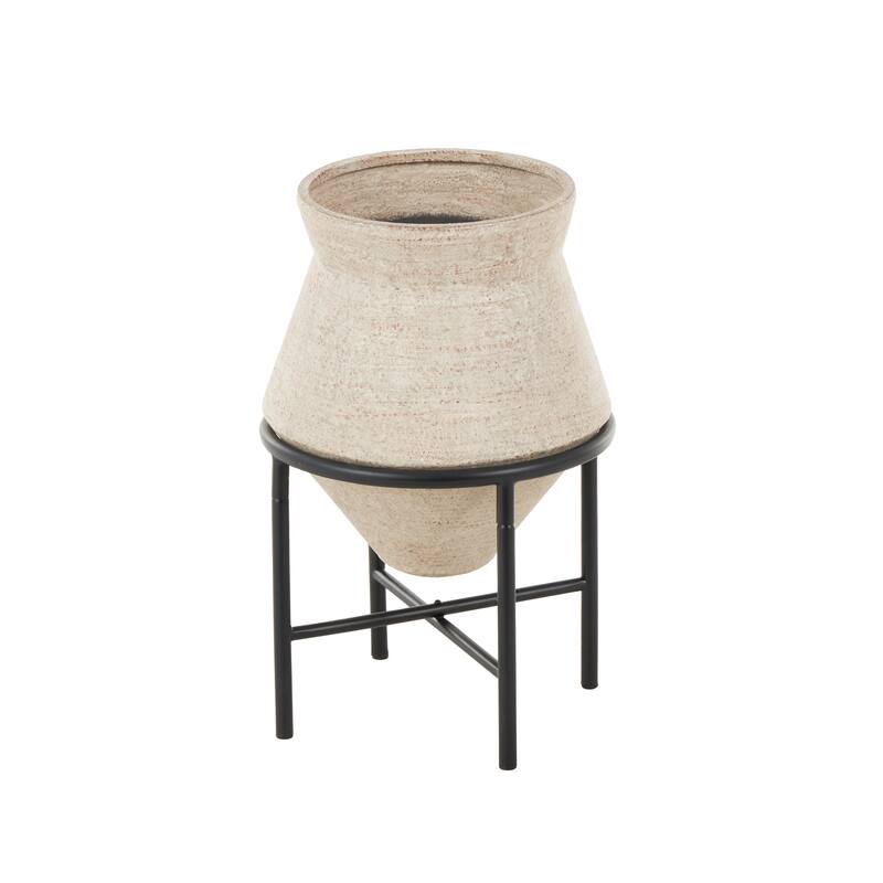 Metal Wide Vase with Black Metal Stands - Beige or Brown - Roche River Decor