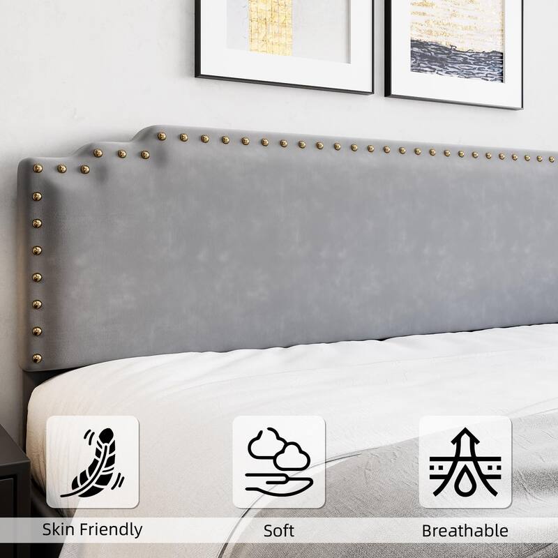 Velvet Upholstered Platform Bed Frame, No Box Spring Needed