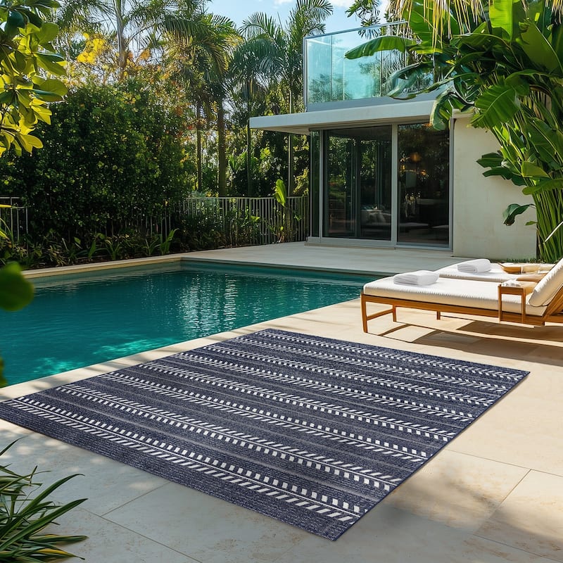 Gertmenian Solterra Modern Casual Lodge Weather Resistant Polypropylene Flatweave Indoor/ Outdoor Area Rug Collection - Vista Navy White - 8'9"x13'1"