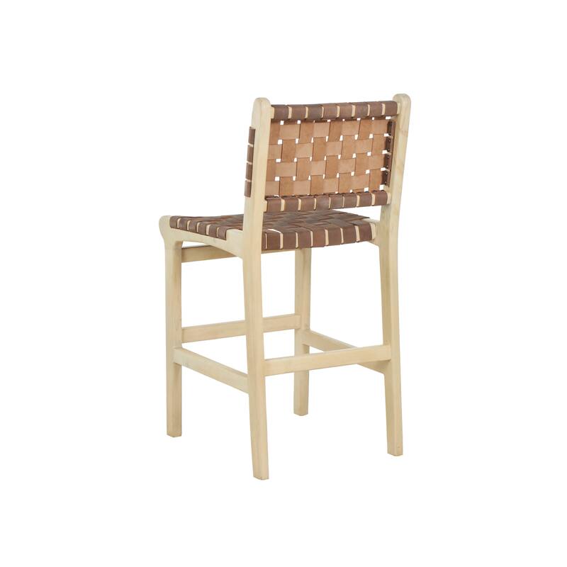 Brown Mango Wood Handmade Woven Bar Stool with Light Brown Wood Frame with Backrest and Footrest