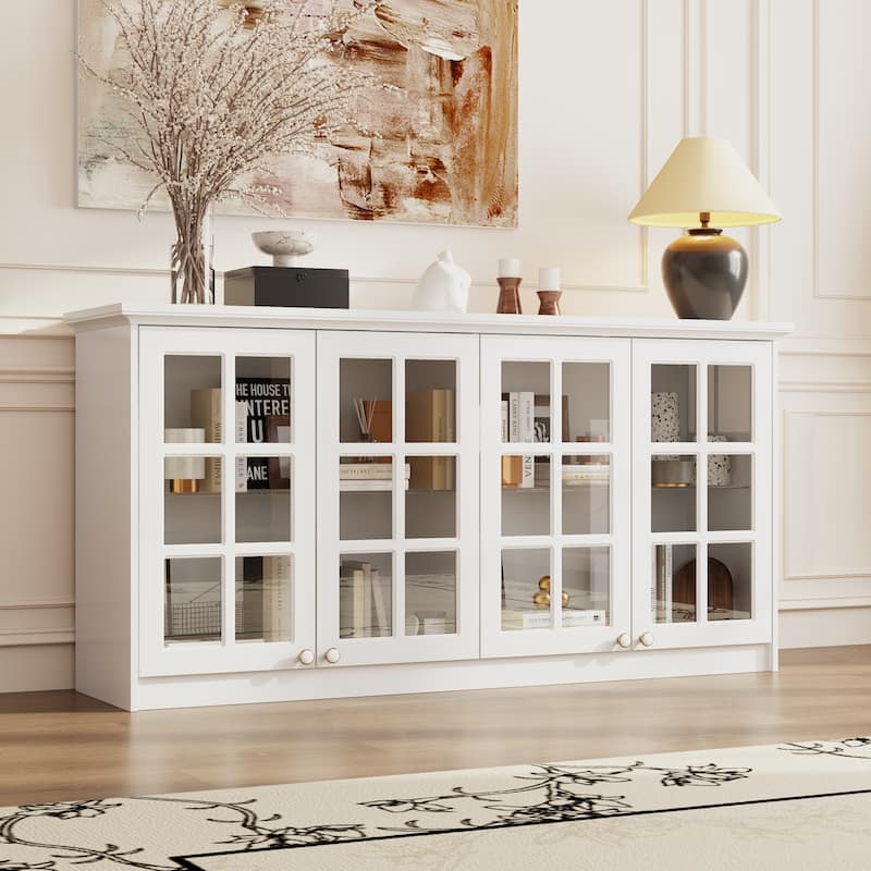 White Wall Cabinet with Glass Panel Doors, 4-Door Hanging Storage Unit for Kitchen, Coffee Bar, Laundry Bookshelves