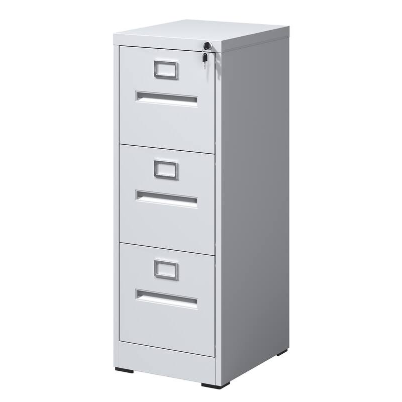 Modern Narrow Vertical File Cabinet, 3 Drawers Filing Cabinet with Lock Adjustable Hanging Rail, for Home Office - White