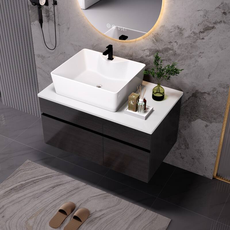 31.5" Wall-Mounted Bathroom Vanity with Ceramic Vessel Sink, High-Quality Engineered Stone, Soft-Close Storage