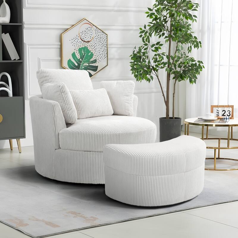 Chenille/Boucle Swivel Barrel Chair with Storage Ottoman - Chair Ottoman Set - BOUCLE/Beige/Set