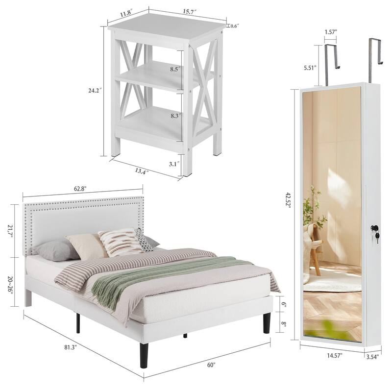 Javlergo 4 Piece White Bedroom Set Upholstered Bed with Adjustable Headboard 2 X Frame Nightstands Lockable LED Jewelry Cabinet