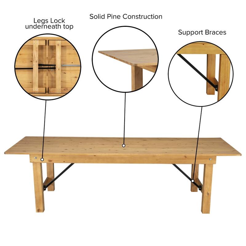 Rustic Farm Solid Pine Folding Dining Table - 108"D x 40"W x 30"H