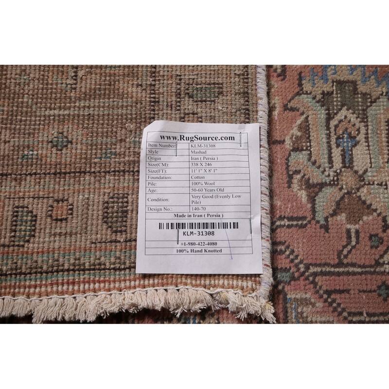 Pink Geometric Mashad Persian Vintage Area Rug Handmade Wool Carpet - 8'1"x 11'1"