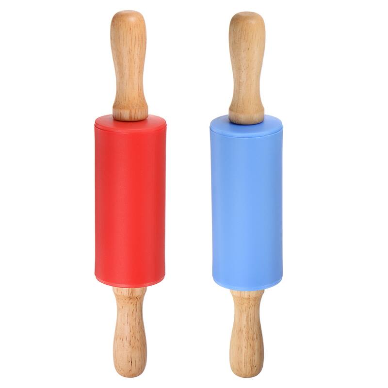 Silicone Rolling Pins for Baking Wood Handle 23.5cm x 4.2cm Blue & Red - Blue & Red