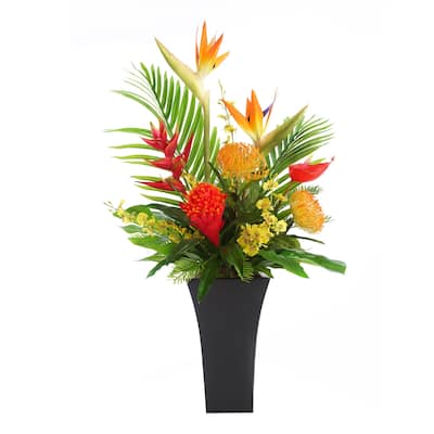 Assorted Tropical Flowers in Black Metal Square Flared Planter - Mutiple color