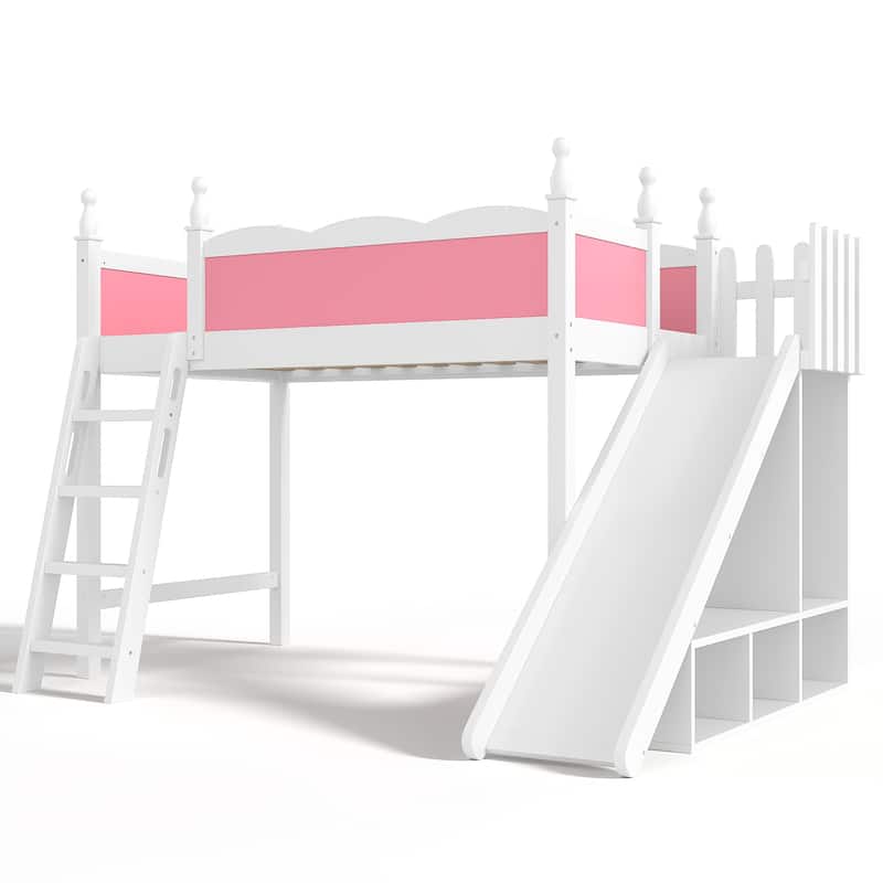Twin Loft Bed with Storage Shelves and Wardrobe, Solid Wood Loft Beds with Detachable Slide and Ladders, No Spring Box Needed