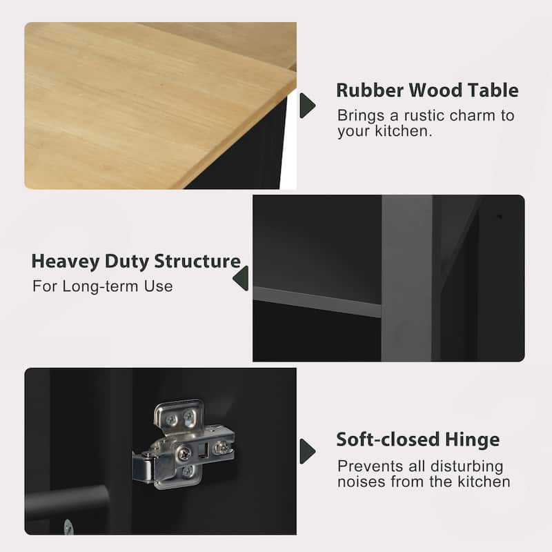 47" Kitchen Island with Extendable Table, Power Outlet, Rubber Wood Top, Storage Cabinet & Drawers